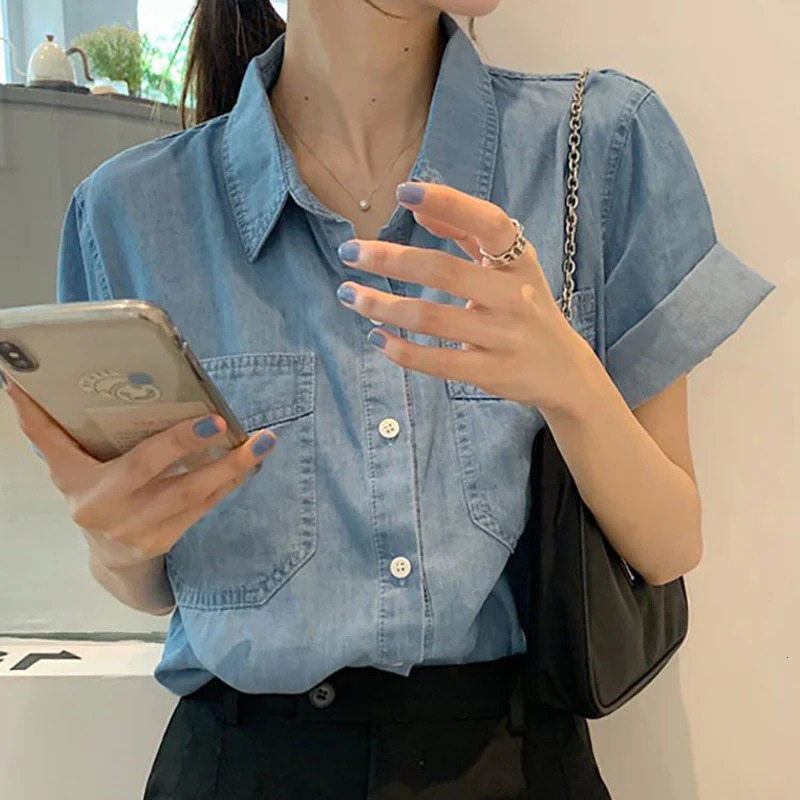 Korean Denim Short Sleeve Shirt Women 2025 Summer Pockets Loose Turn Down Colllar Shirts Woman Chic Single Breasted Jeans Blouse 250704