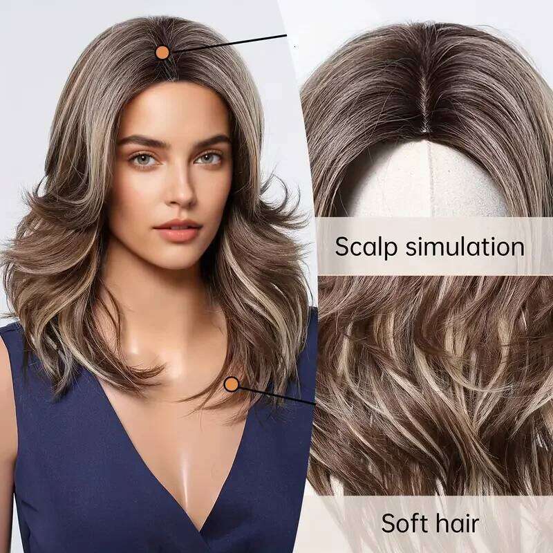 Brown Blonde Highlights Medium Length Wavy Fake Hair For Women Daily Use Natural Middle Part Heat Resistant Synthetic Wigs