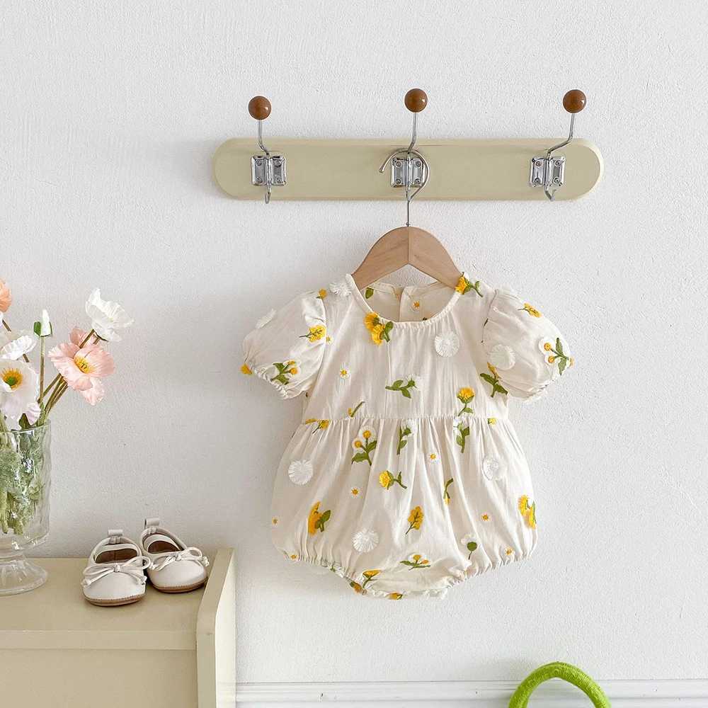Pastoral Girls Baby Embroidered Floral Romper Short Sleeved Sunflower Infant Jumpsuit Toddler Newborn One Piece Baby Clothing Z250712