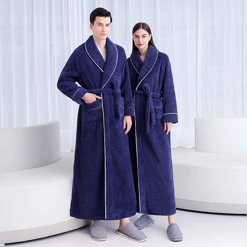 Men Winter Extra Long Flannel Warm Bathrobe Plus Size Thick Coral Fleece Bath Robe Women Lounge Spa Dressing Gown Cozy Sleepwear 250710