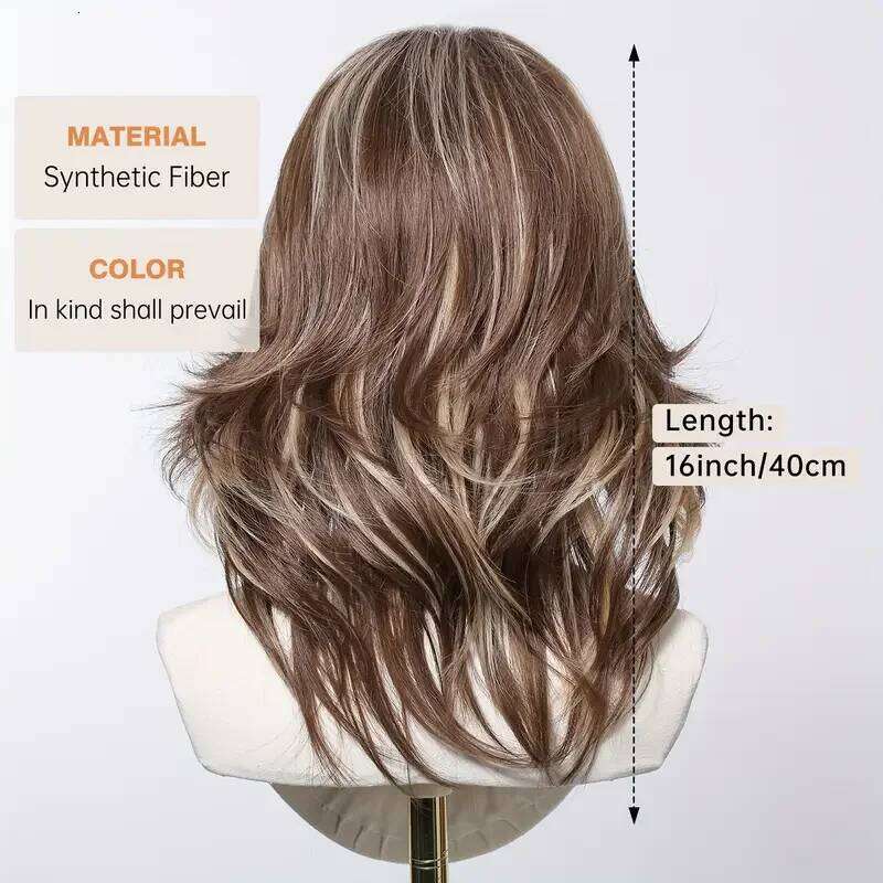 Brown Blonde Highlights Medium Length Wavy Fake Hair For Women Daily Use Natural Middle Part Heat Resistant Synthetic Wigs