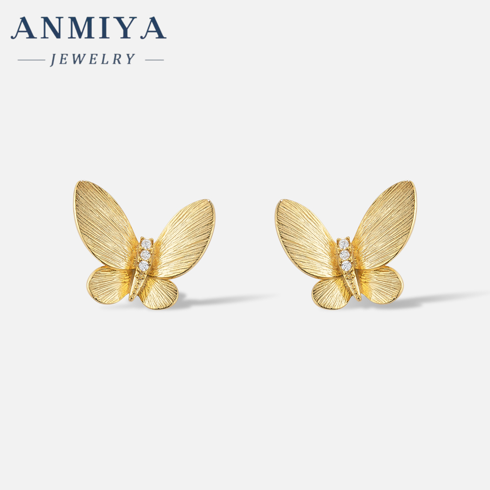 Factory 18K Real Gold Earrings Simple Butterfly Shape Inlaid with Delicate Zircon Women's Small Stud Earrings