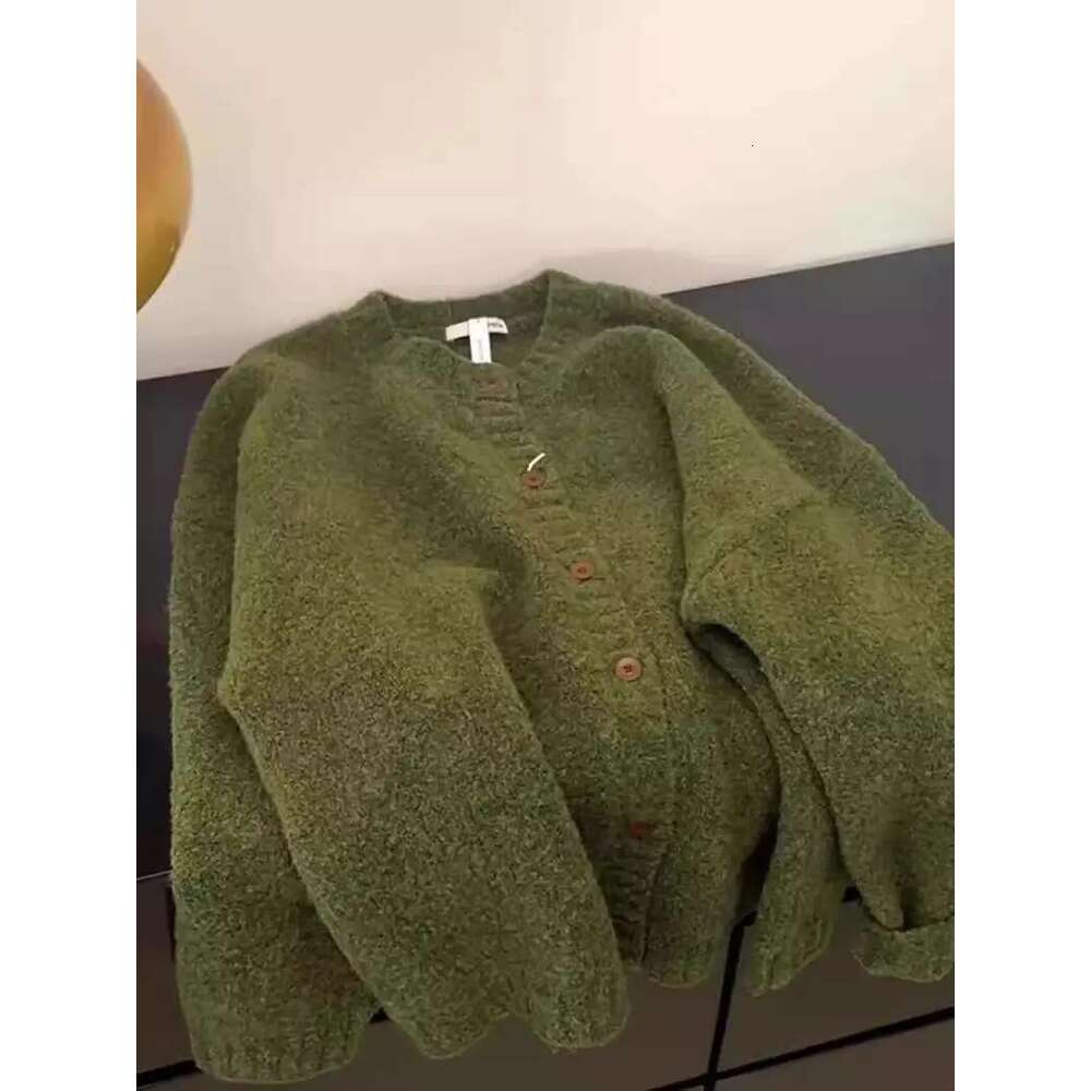 Retro Green Knitted Cardigan Women's New Autumn/Winter Round Neck Single Breasted Soft Thick Sweater Loose Casual Commuting Coat