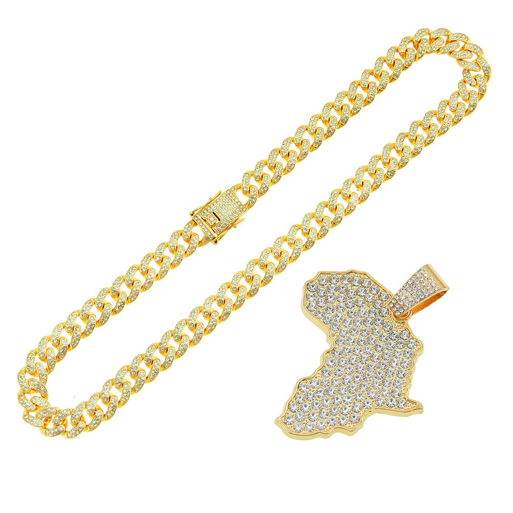 Luxury Jewelry Designer Jewelry European And American Hip-hop Personality Full Diamond Large Map Pendant Necklace Miami Chain Trendy Punk Collarbone C