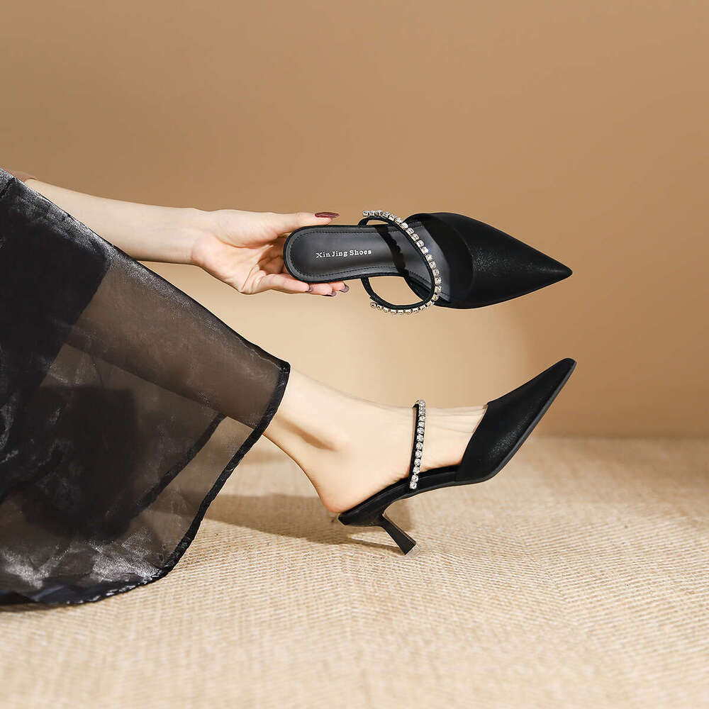 699-102 One-Strap Rhinestone Shallow Pointed High Heel Pumps Black Sexy Closed-Toe Backless Half-Slip Women's Shoes