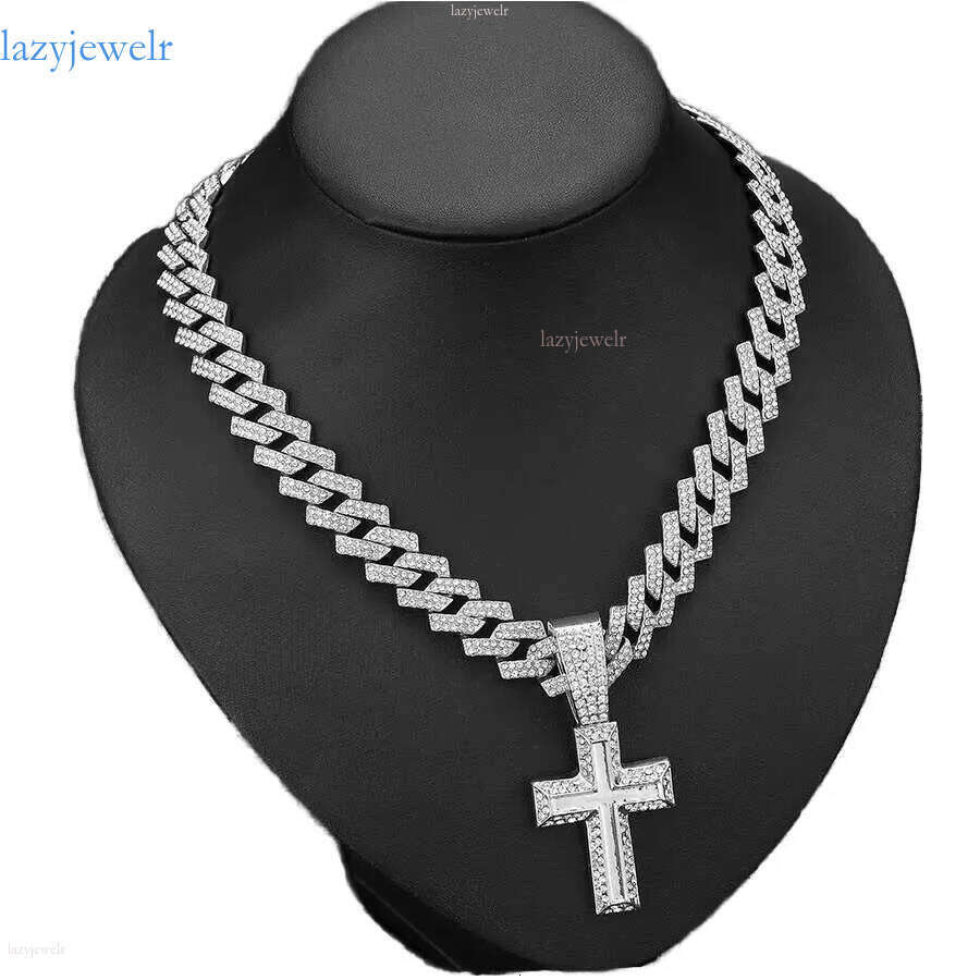 DHcollection Hip Hop Men's Jewelry Iced Out 15mm Width Cuban Chain With Alloy and Rhie Cross Pendant Necklace