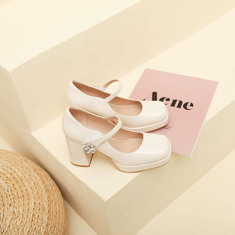 3359-15 French Style One-Strap Flower Buckle High Mary Jane for Women New Waterproof Platform Square Toe Chunky Heel Women's Shoes