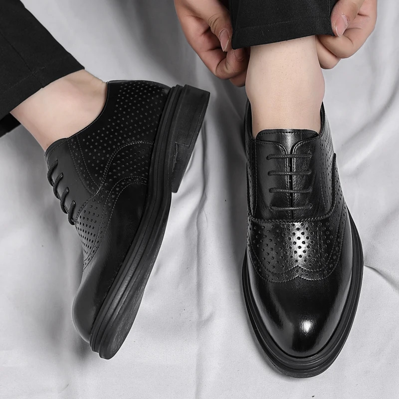 Spring Summer Men Hollow Platform High Heel 6/8 CM Height Growth Formal Men Derby Leather Shoes Man Wedding Dress Elevator Shoes 250712