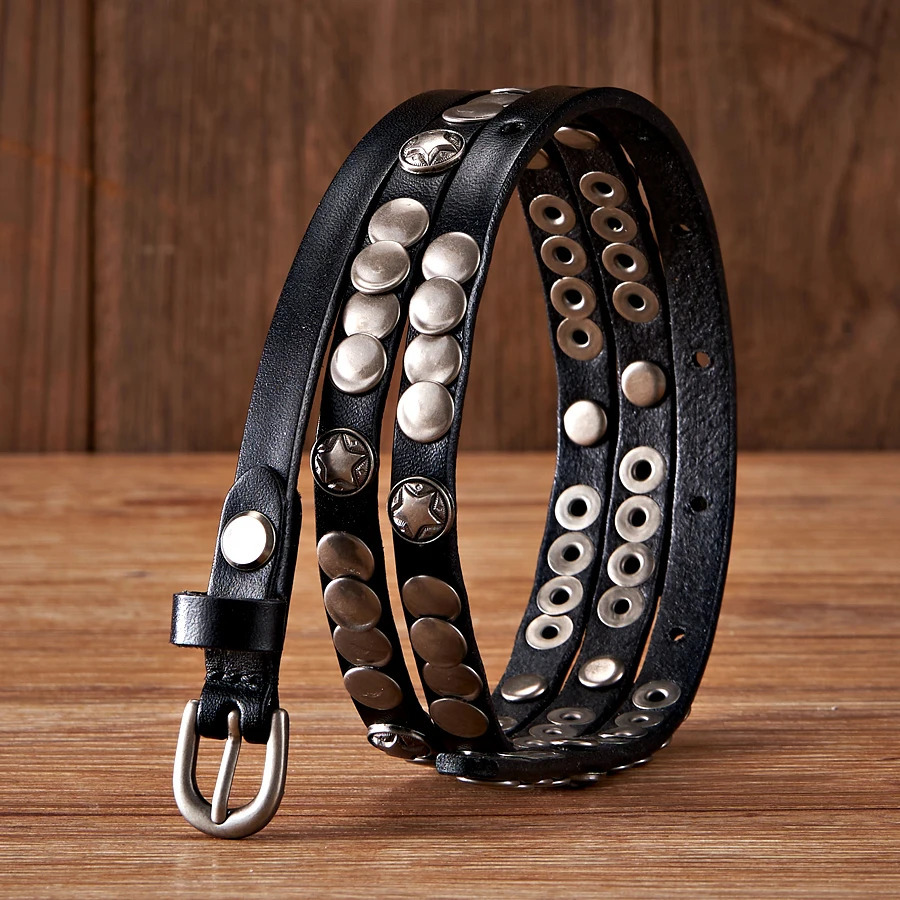 1CM Female Belt Skirt Dress Rivet Belt Real Genuine Leather Punck Decoration Thin Strap Women Belts For Jeans 250711