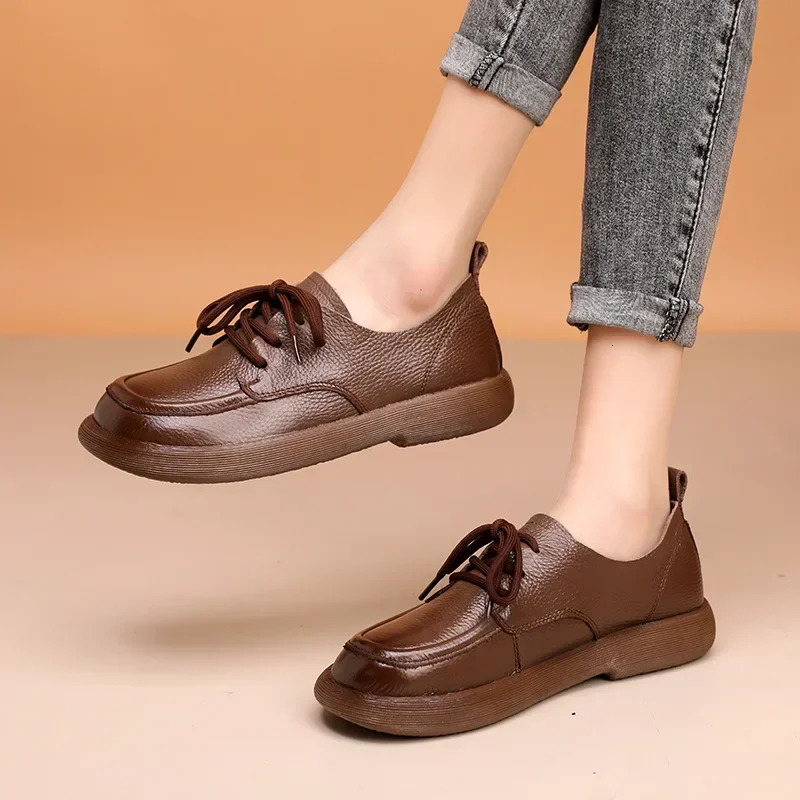 Spring Women Shoes Genuine Leather Retro Fashion Loafers Soft Bottom British Comfortable Lace Up Anti Slip Casual Shoes 2025 250707