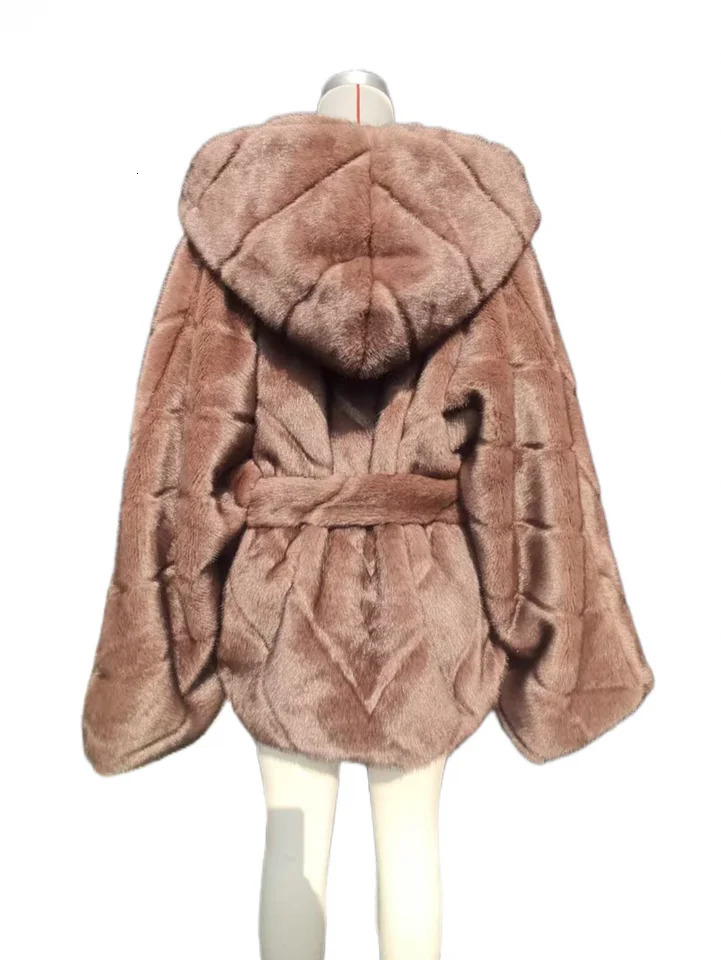 fashion for autumn and winter casual fluffy faux fur coat womens hooded belt style batsleeve artificial Mink Coat 250708