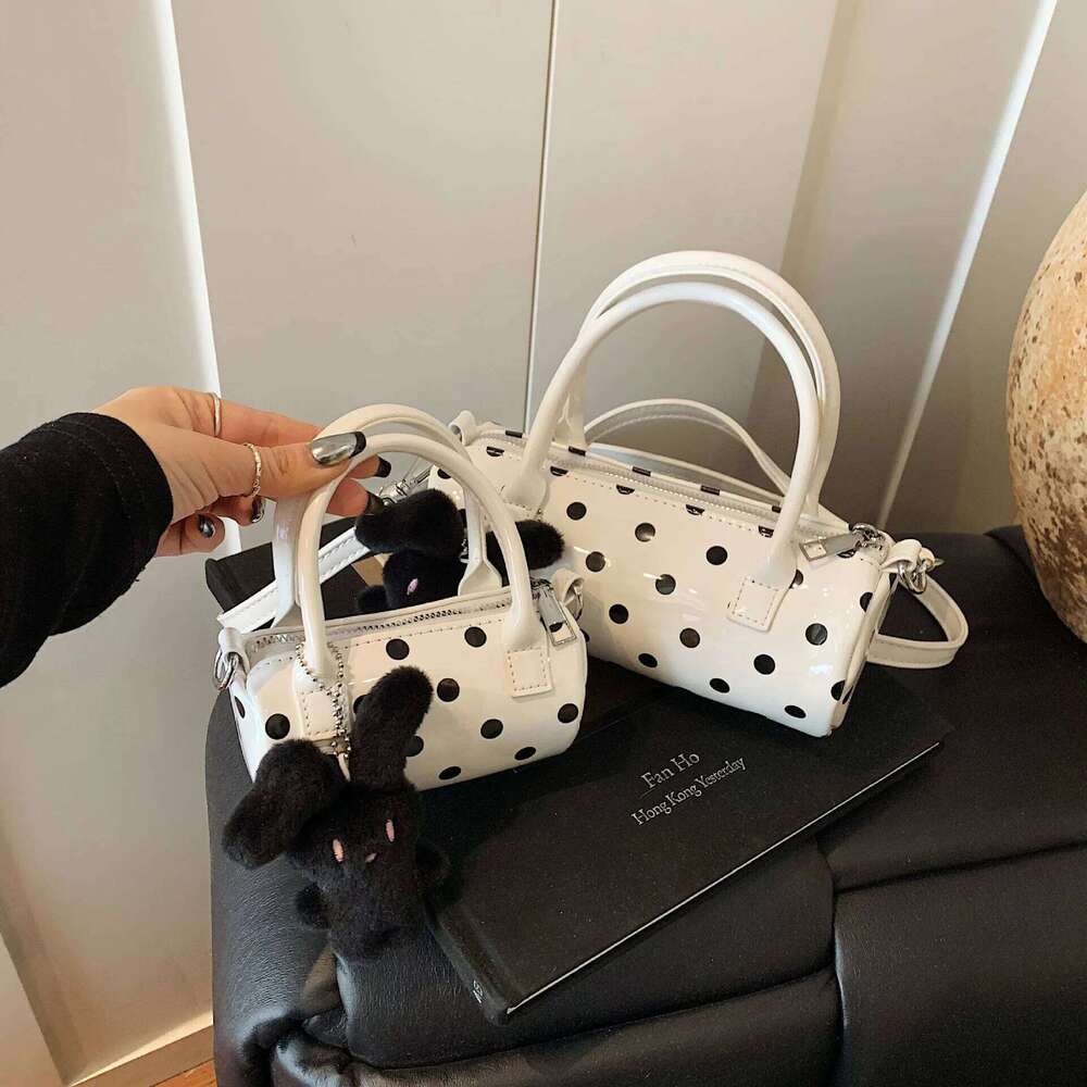 2025 New Cute Polka Dot Hand-Held Cylinder Fashionable High-End Shoulder Niche Design Commuting Crossbody Boston Bag
