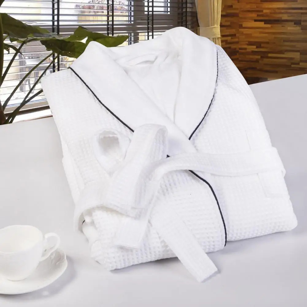 Unisex Nightgown Solid Color V Neck Long Sleeve Lace-up Waist Pockets Men Sleepwear Cotton Mid-length Cotton Waffle Bathrobe 250710