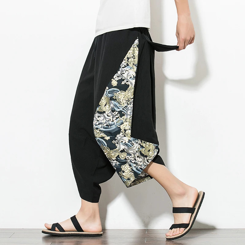 Drop Men Harajuku Harem Pants Summer Cotton Joggers Calf-Length Pants Male Vintage Chinese Style Print Trousers 250708