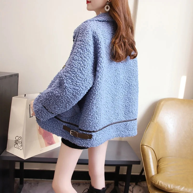 Women Autumn Winter Lamb Wool Faux Fur Thick Plush Warm Cardigan Coat Female Oversized Long Sleeve Turn-down Collar Outerwear 250708