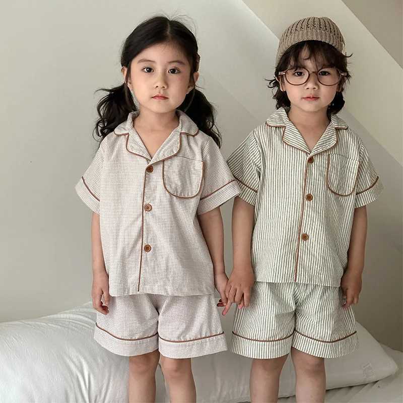 2025 Summer Kids 2PCS Sleepwear Cotton Thin Striped Turn Down Collar Tops Shorts Suit Toddler Baby Homesuit Childrens Pajamas Z250712