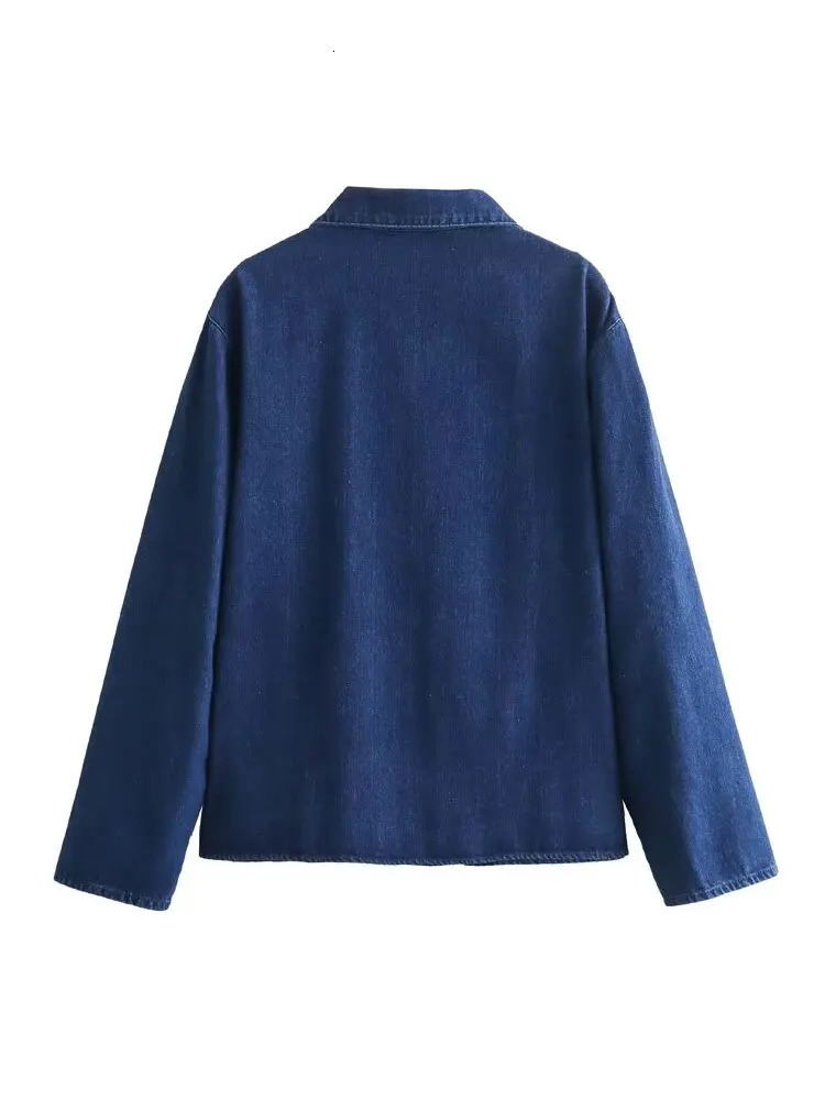 TELLHONEY Women Fashion Lapel Collar Lace Up Blouses Female Casual Long Sleeves With Pockets Solid Denim Outerwear 250704