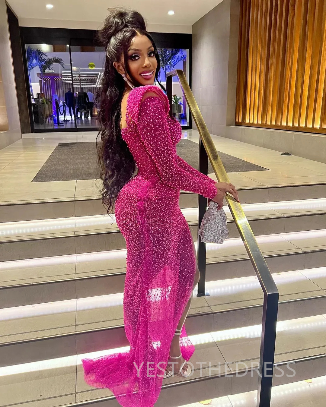 2025 Fuchsia Aso Ebi Prom Dress African Mermaid Prom Dresses Evening Formal Gowns Jewel Side Split Pearls Sequined Lace Birthday Dress Second Receptio
