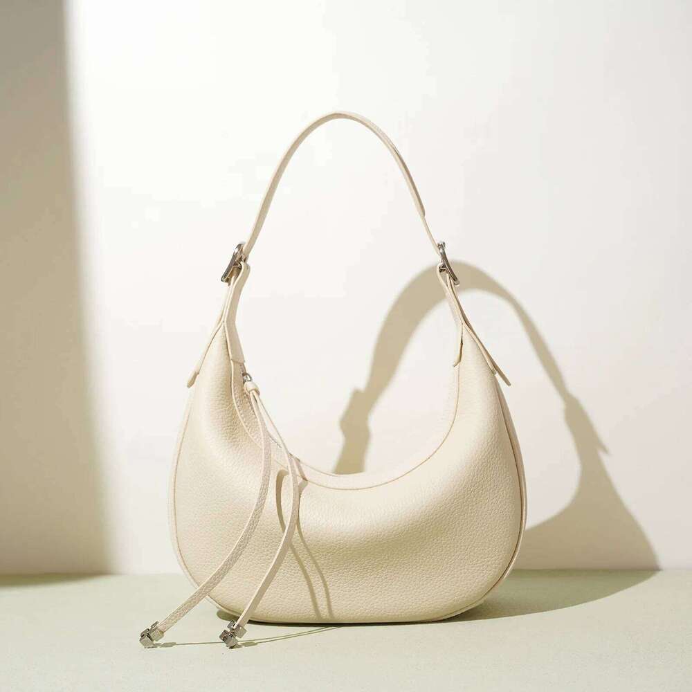 Design Genuine Leather Women Underarm Shoulder Handbag Lichee Cowhide Female's Handle Tote Crossbody Bag Moon Purse