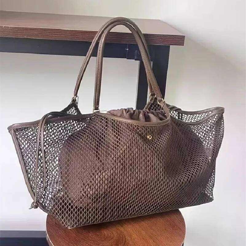 Women Large Capacity Mesh Travel Shoulder Casual Shopper Totes Beach Storage Tote Ladies Handbag Net Bag