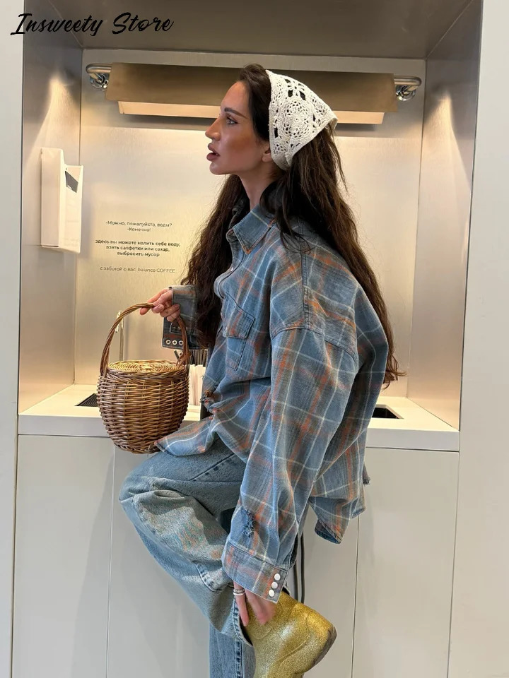 Denim Plaid Shirt Coat Womens Loose Single Breasted Turndown Collar Full Sleeve Tops 2025 Spring Ladies Fashion Streetwear 250704