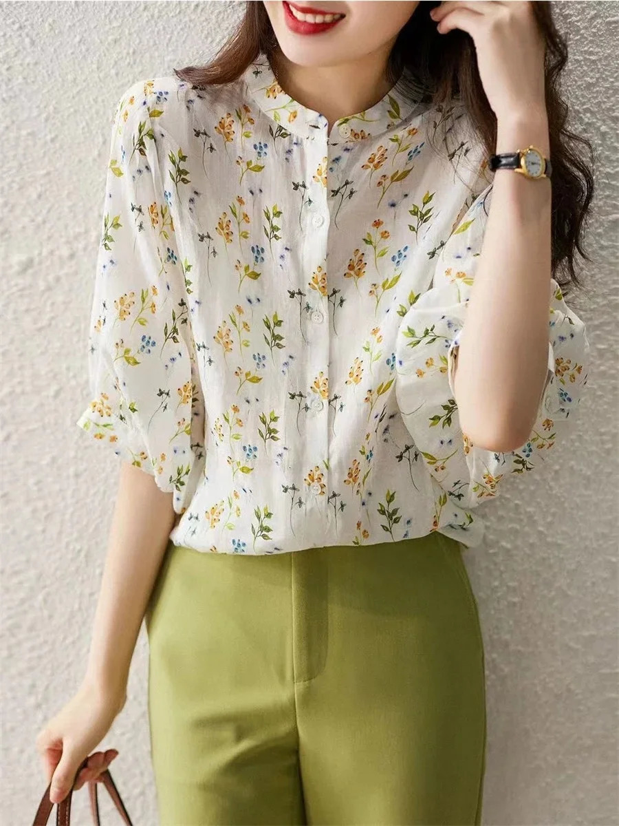 Women Summer Style Blouses Tops Lady Casual Short Puff Sleeve Stand Collar Flower Printed Blusas Tops 250708