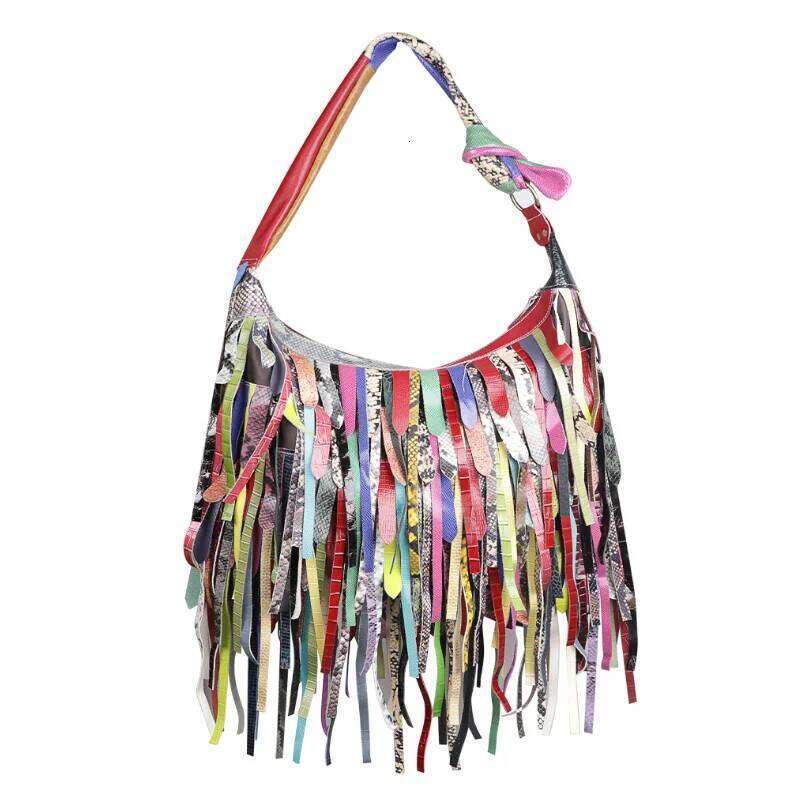 San Maries High Quality Snake Pattern Cowhide Leather Tassels Fashion Tote Women Shoulder Bag Fringe Patchwork Handbags Hobos