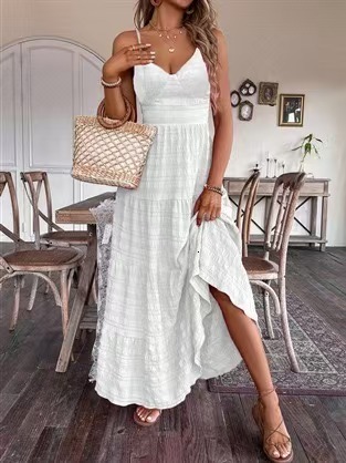 2025 Summer New Women's Skirt New V-neck Lace Pattern Dress Back Tie Solid Color Long Dress New Luxury Designer Women's Skirt