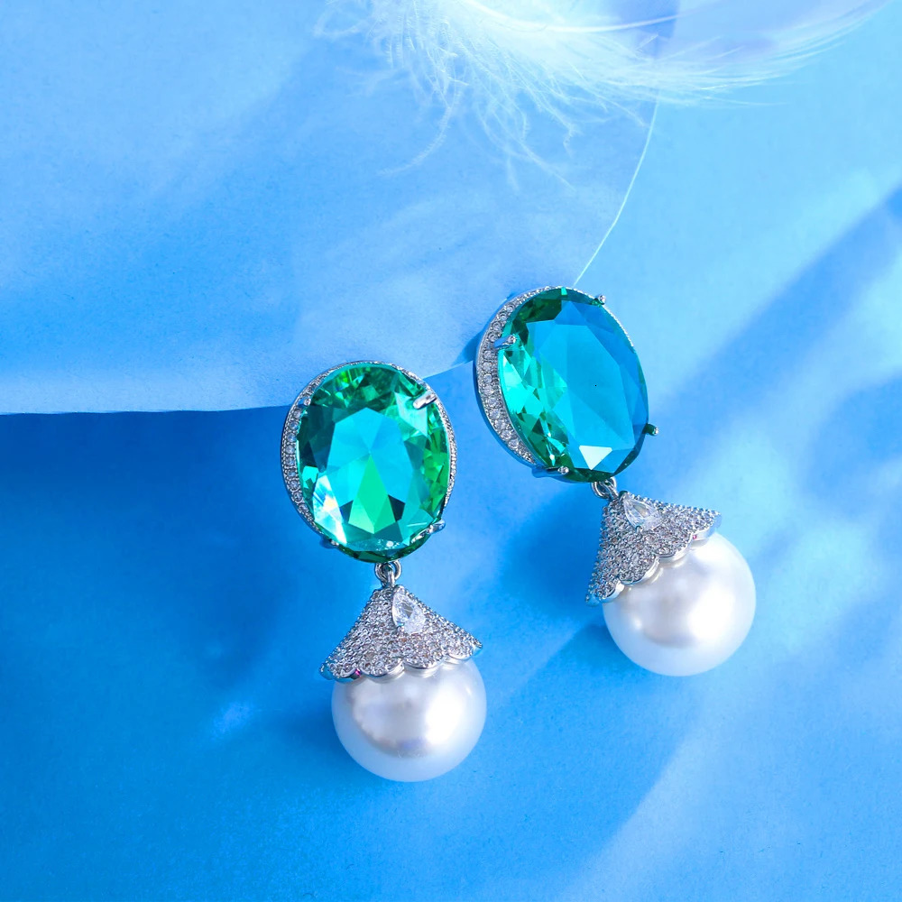 ThreeGraces Elegant Green Cubic Zirconia Big Simulated Pearl Drop Earrings for Women Bridal Wedding Party Jewelry E1933 250711