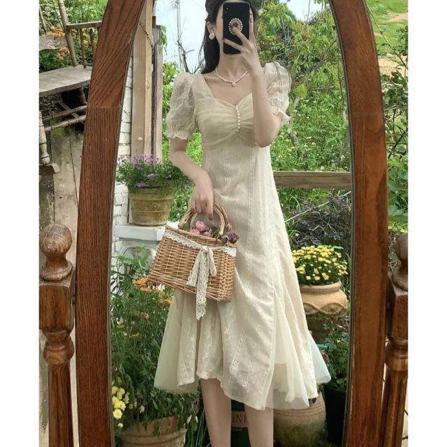 2025 Summer new women's dress new square neck dress pure desire style fashionable first love French dress retro style dress new luxury designer w
