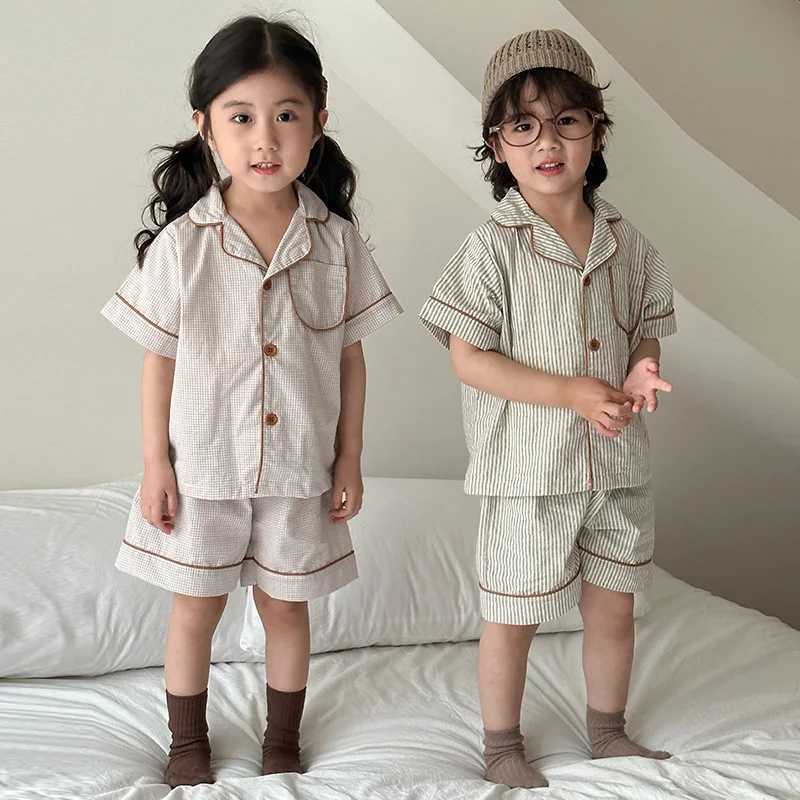 2025 Summer Kids 2PCS Sleepwear Cotton Thin Striped Turn Down Collar Tops Shorts Suit Toddler Baby Homesuit Childrens Pajamas Z250712