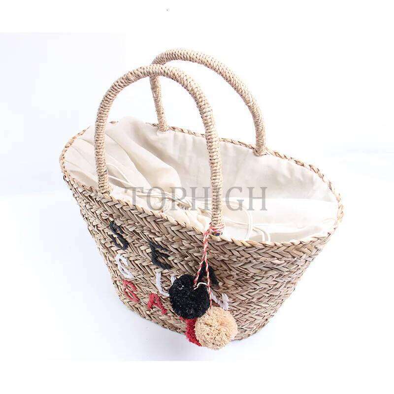 New Summer Pompon Beach Bag Straw Tote Handmade Colorful Ball Shoulder Rattan Large Fashion Women Girls Tassel Bucket E39