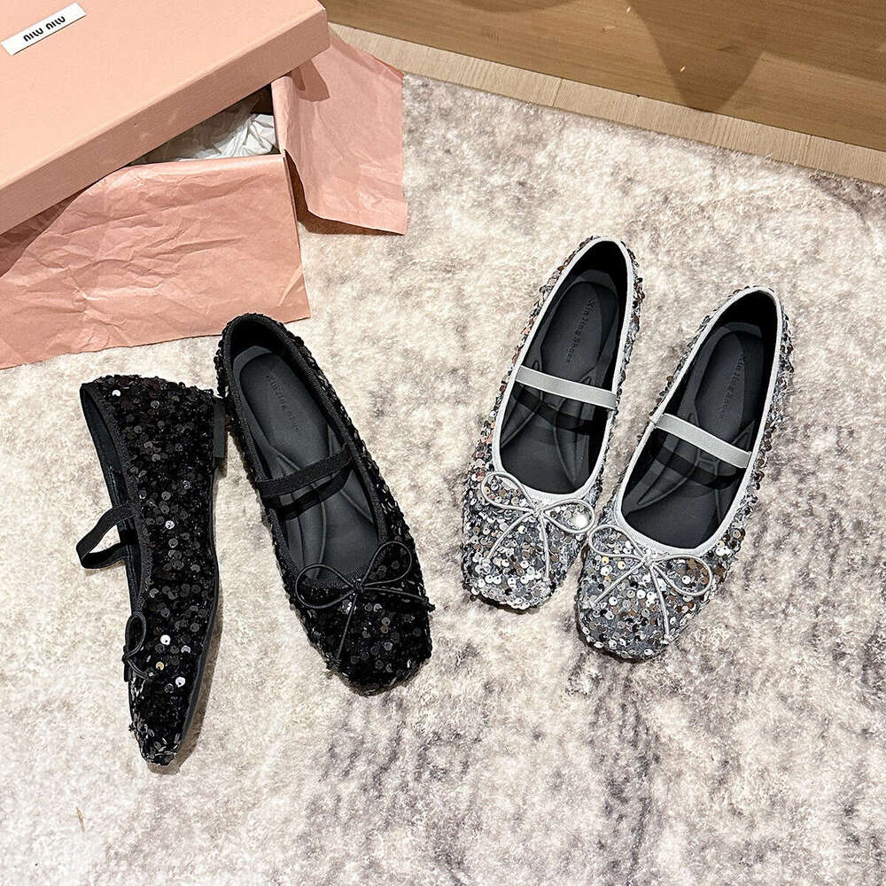 796-6 French Style Flat Square Toe New Black Elegant Bow Sequin Hidden Heel Women's Shoes