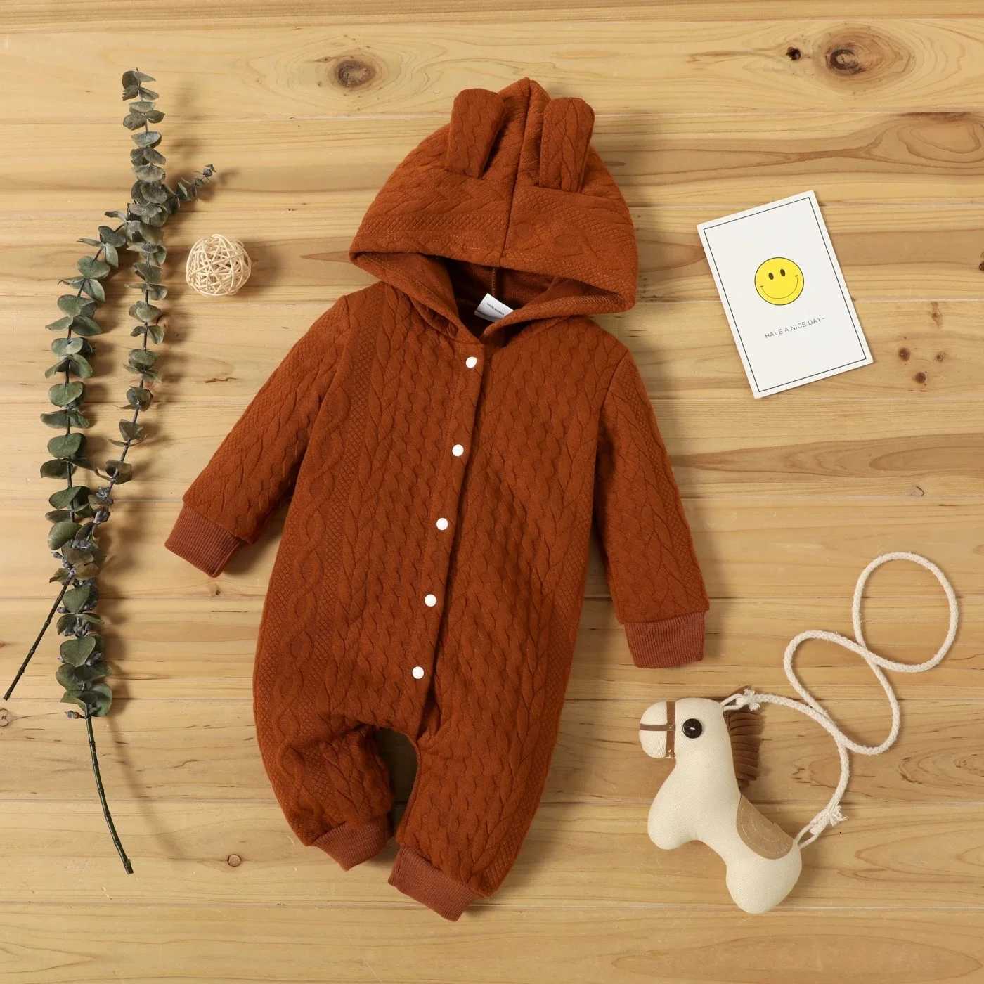 0-18 Month Newborn Baby Romper Boys Girls Cute Ears Solid Hooded Long Sleeve Baby Bodysuit Clothes Infant Autumn Winter Costumes Z250712