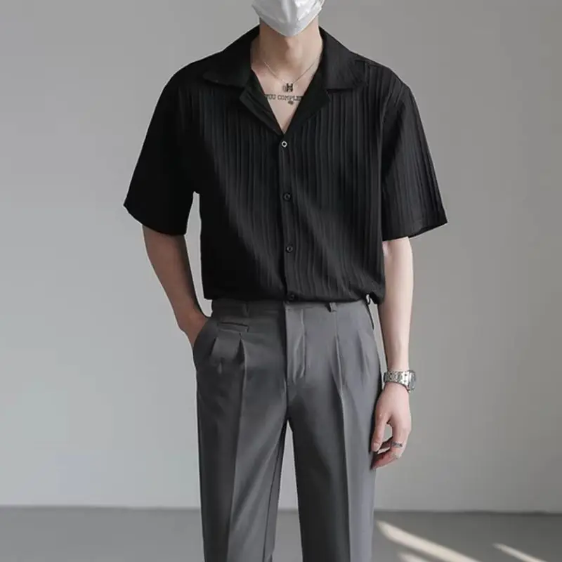 Shirts for Men White Short Sleeve Black Striped with Sleeves Designer Silk Button Up Elegant Summer Original Collar Man Shirt