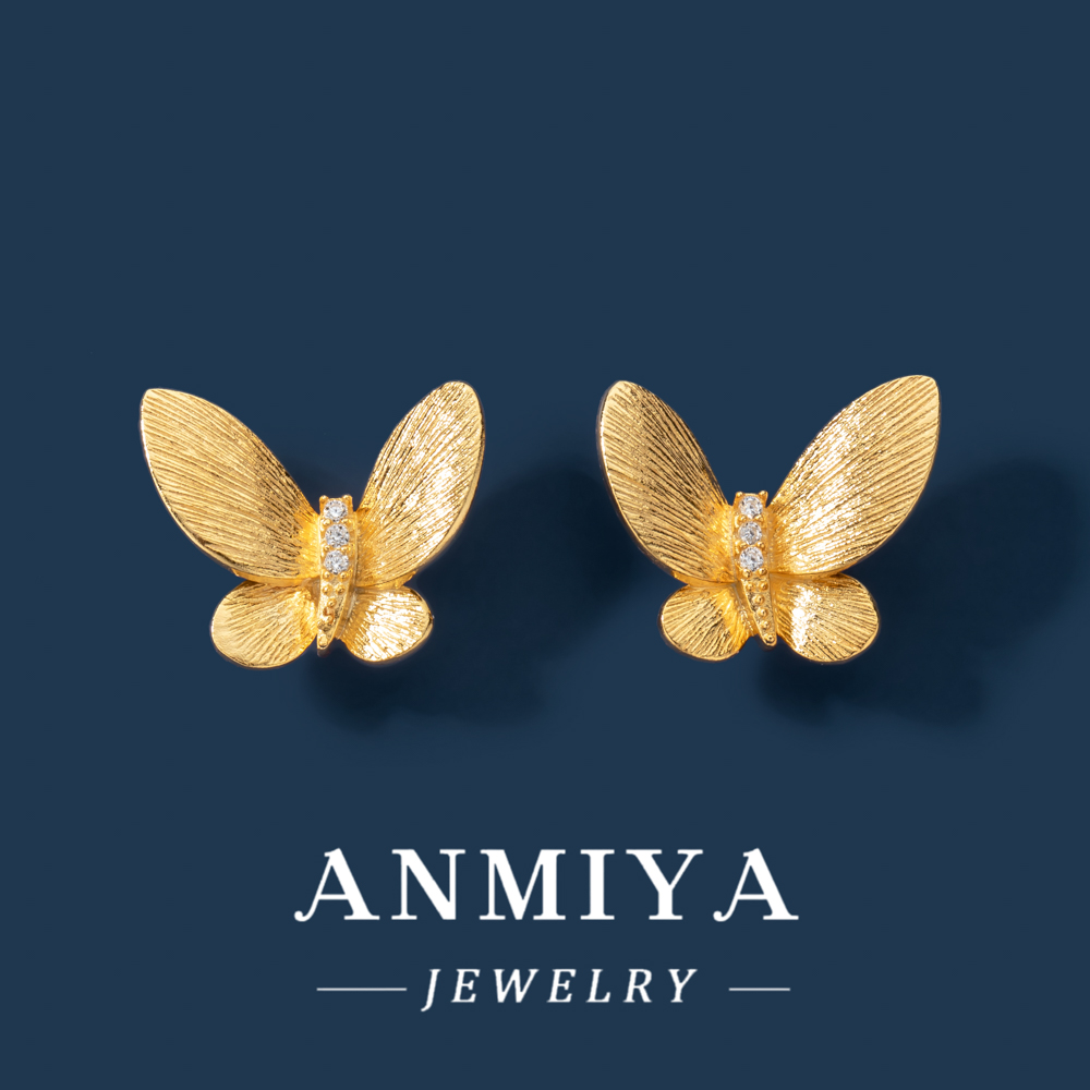 Factory 18K Real Gold Earrings Simple Butterfly Shape Inlaid with Delicate Zircon Women's Small Stud Earrings