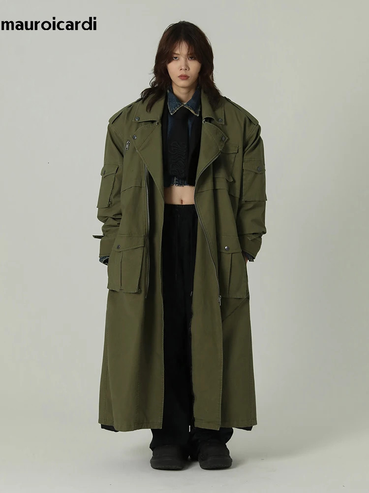 Mauroicardi Spring Autumn Cool Long Army Green Oversized Overcoat Men Sashes Loose er Clothing Cargo Coat 250708