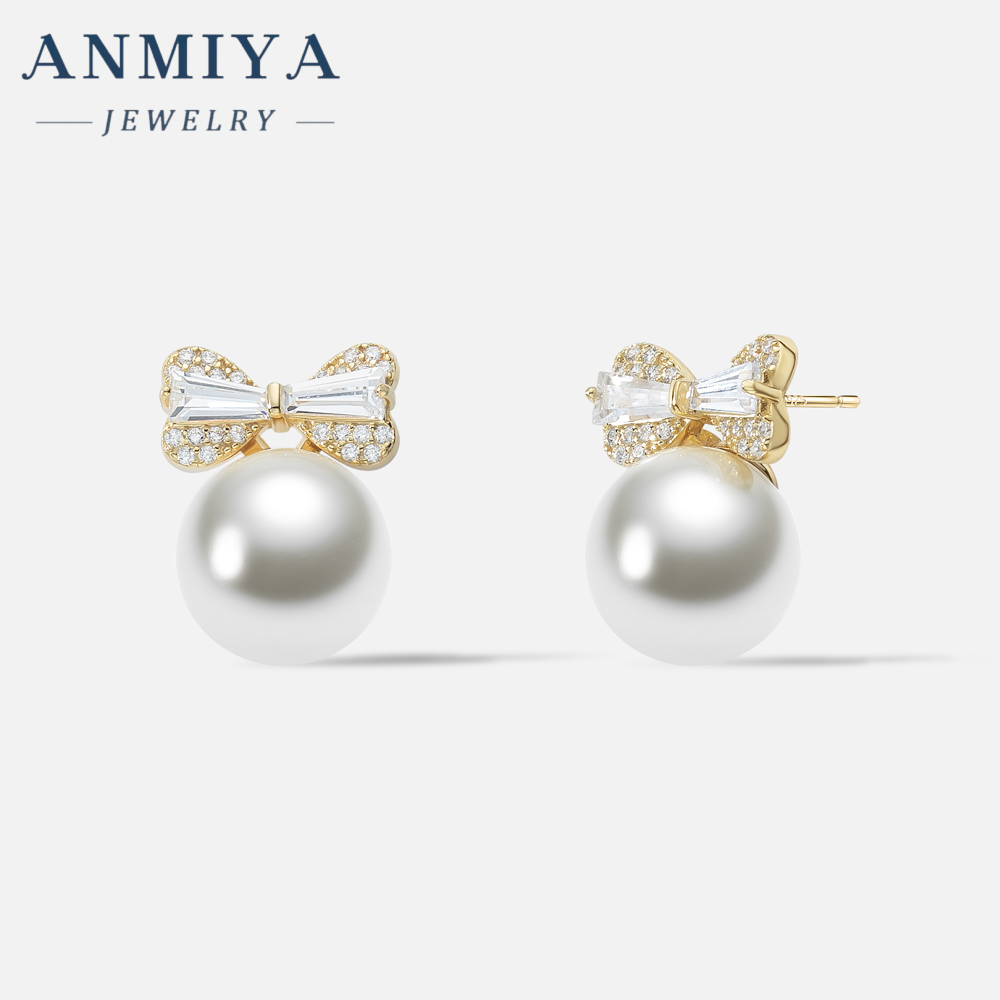 Gold Plated Bowknot Stud Earrings Pearl Festive Earring for Women Girls Christmas Jewelry Gifts