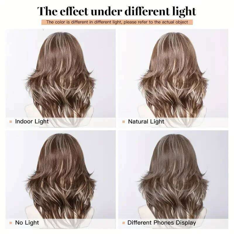 Brown Blonde Highlights Medium Length Wavy Fake Hair For Women Daily Use Natural Middle Part Heat Resistant Synthetic Wigs