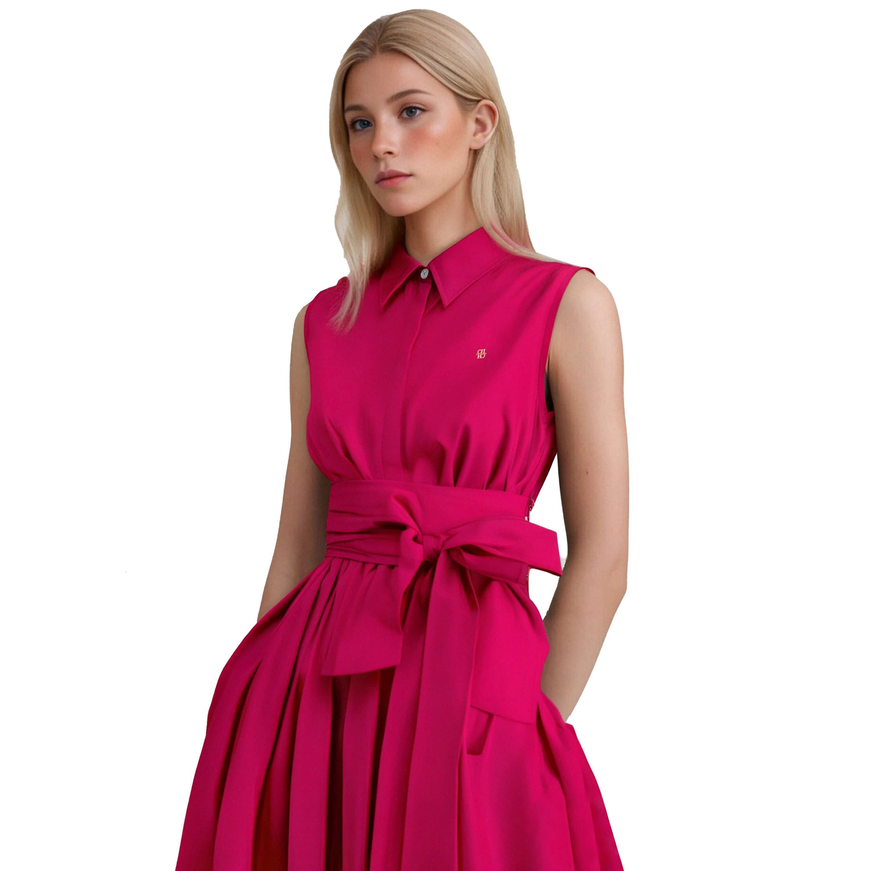 Summer Women Sleeveless Casual Lapel Shirt Dress Bow Belt Solid Color A Line Fashion Metal Buckle Female Dresses