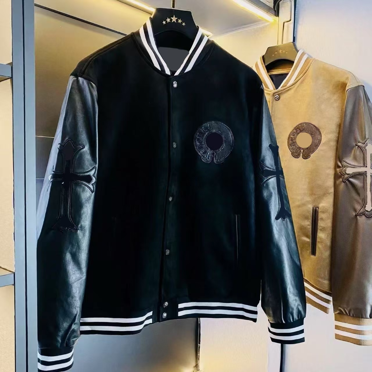 Chro Hearts Embroidered Couples Baseball Jacket Men's Loose Fit Ins Style Patchwork Leather Sleeve National Trend Blazer Stylish Versatile Style Jacket