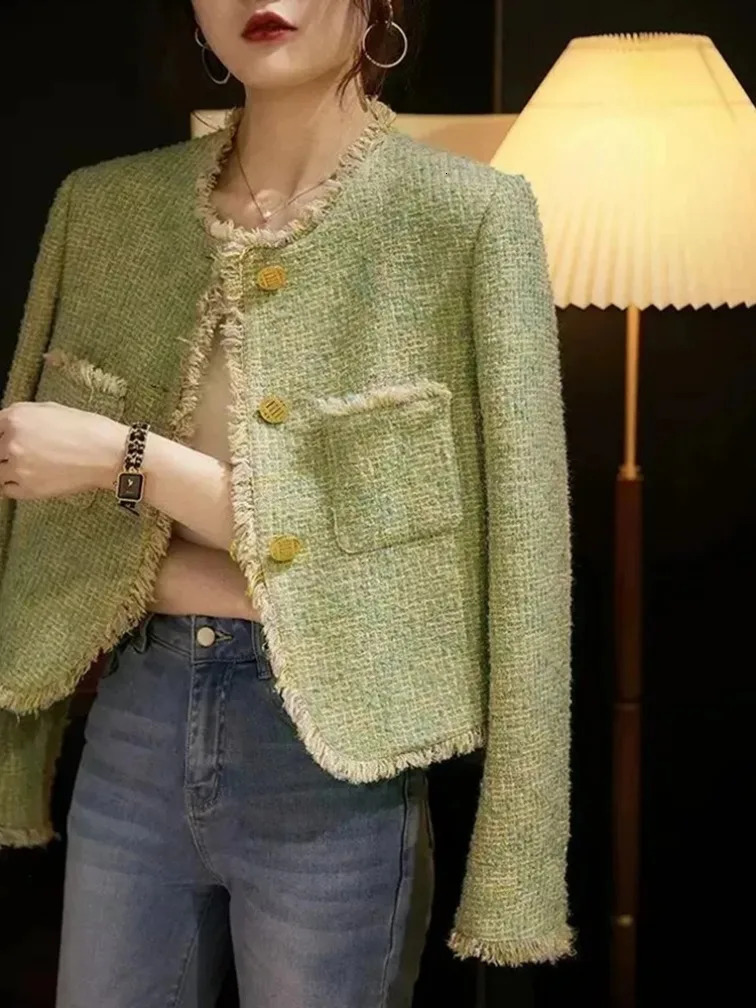 Chic Tassel Green Tweed Jackets Women Elegant Long Sleeve Korean Casual Short Coat High Quality Sweet Outwear Tops 250709