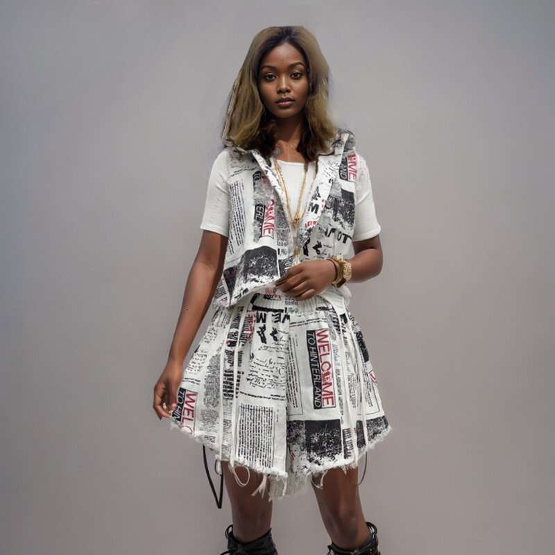 Trendy New Women's Letter Print Plush Edge Denim Vest Elastic High Wasit Wide Leg Shorts Female Summer