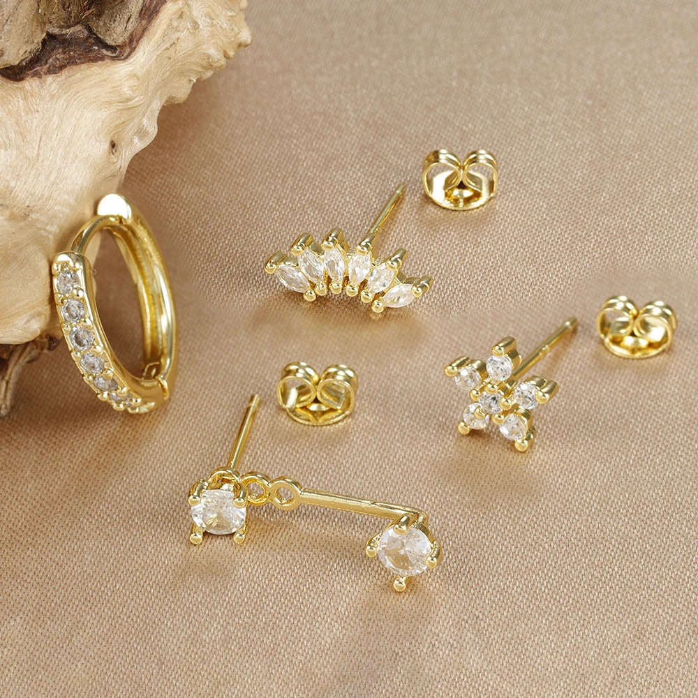 4PCS Stainless Steel Circle Huggie Hoop Earrings Set for Women Gold Color Unique Zircon Flower Stud Earring Piercing Jewelry 250708