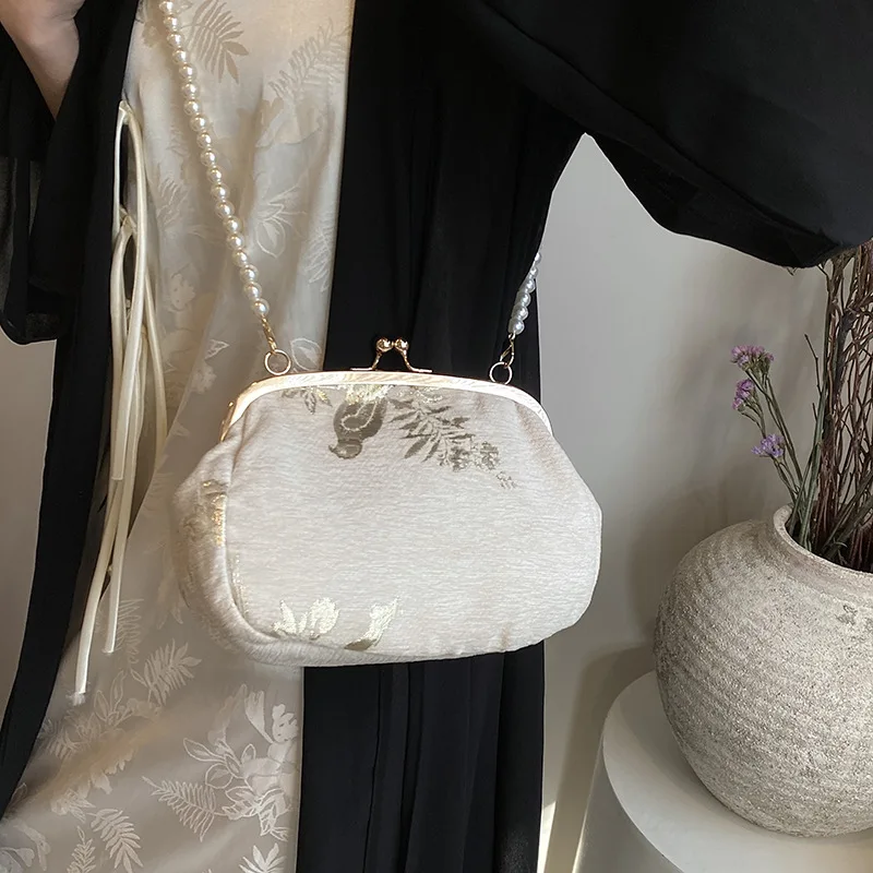 Retro Fashion Chinese Style Print Small Purses Clutch Vintage Black White Seashell Shoulder Bag For Women Party Pearl Handbag