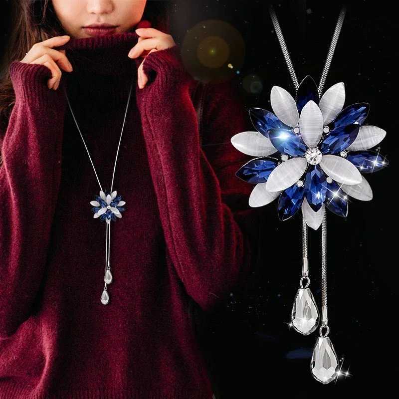 Snowe Zircon Long Necklace Sweater Chain Fine Metal Cute Crystal Rhinestone Opal Flower Pendant Necklaces Adjustable W250712