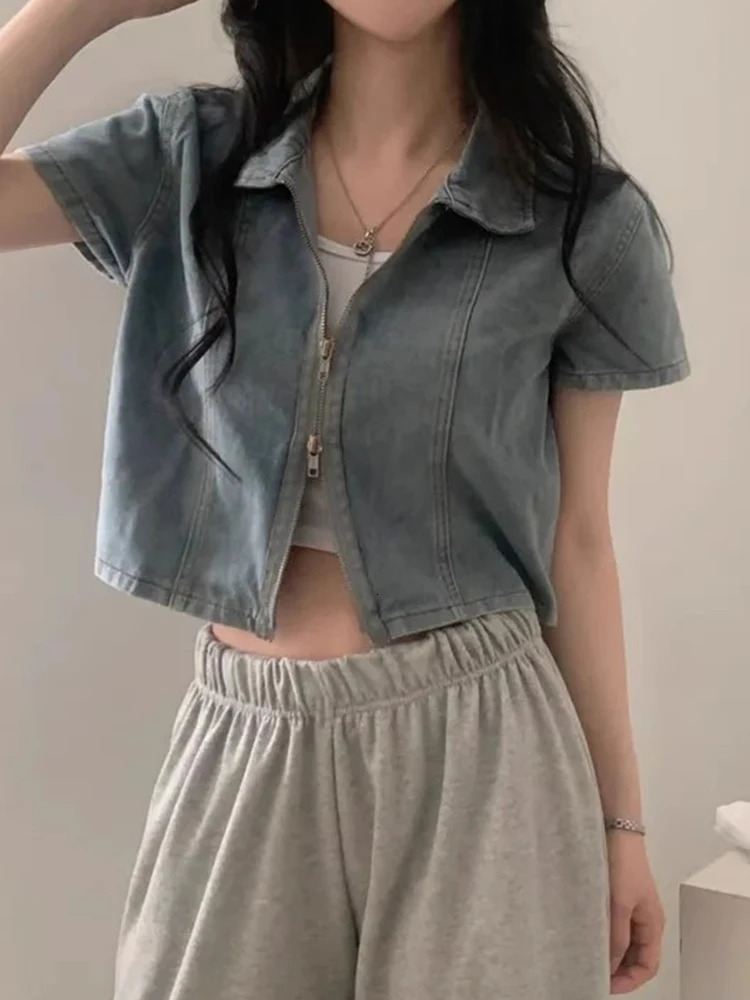 Loose Fit ort Denim irt Jaet Womens Summer Sle Retro n Double Zipper Casual Top Korean Version Other Material 250704