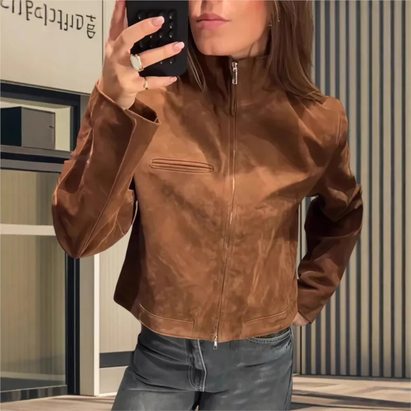 Brown velvet texture leather jacket with stand-up collar long sleeves flight suit coat for autumn motorcycle outwear. 250708