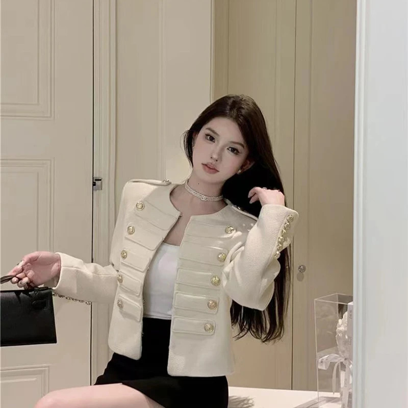 Korean Fashio Small Fragrance Autumn Coat Women High Quality Vintage Double Breasted O-neck Short Tweed Jacket n 250709