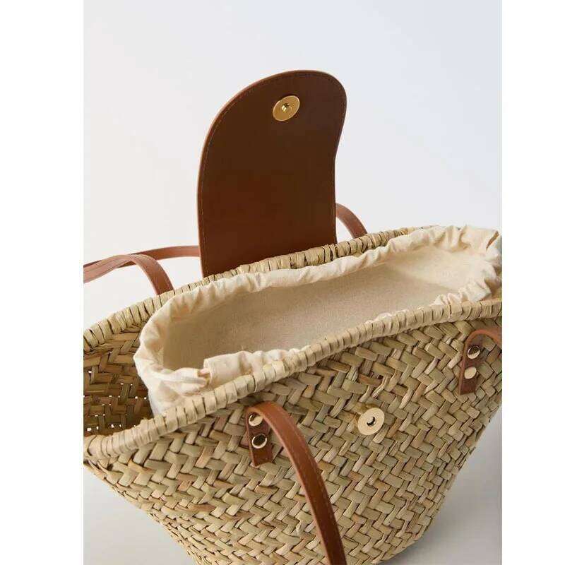 Natural Shoulder Grass Woven New PU Splicing Vacation Beach Versatile Rattan Bag